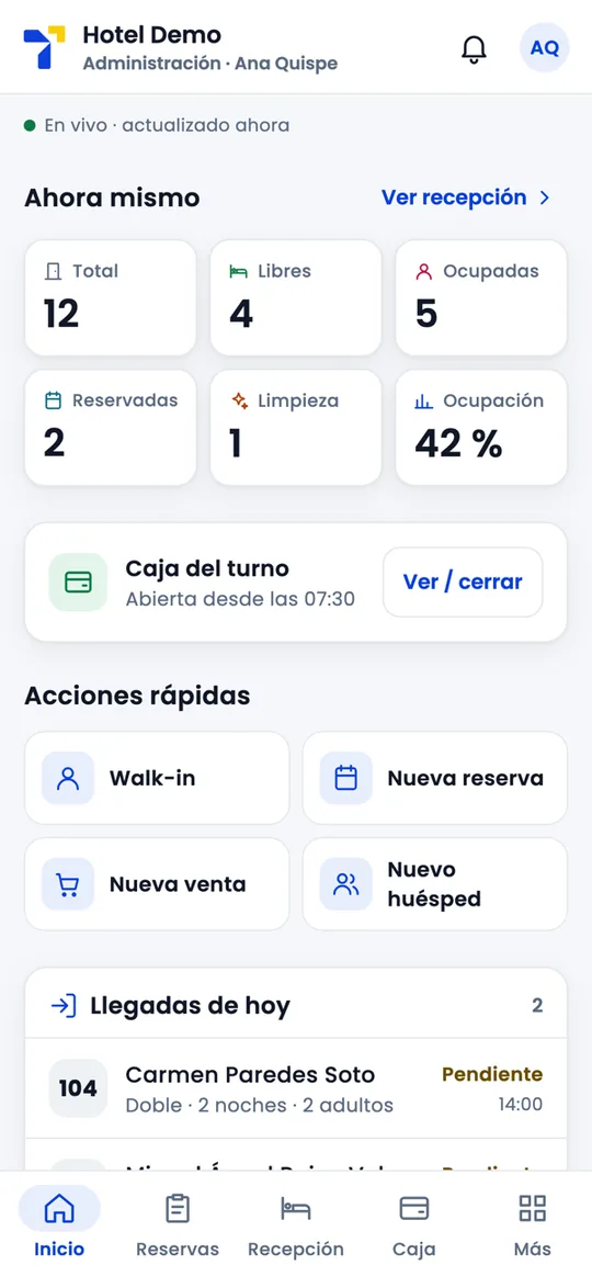 App TampuSoft: inicio con ocupación en vivo, caja del turno y llegadas de hoy