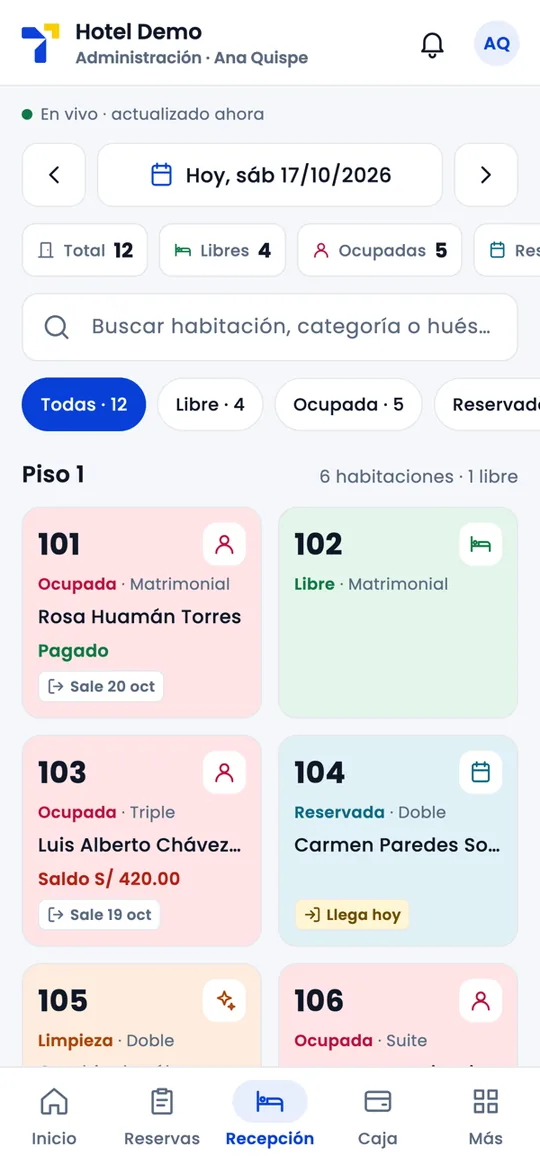 App TampuSoft: tablero de habitaciones por piso en recepción