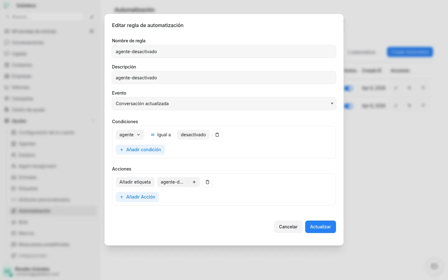 Constructor de reglas de automatización de Agent