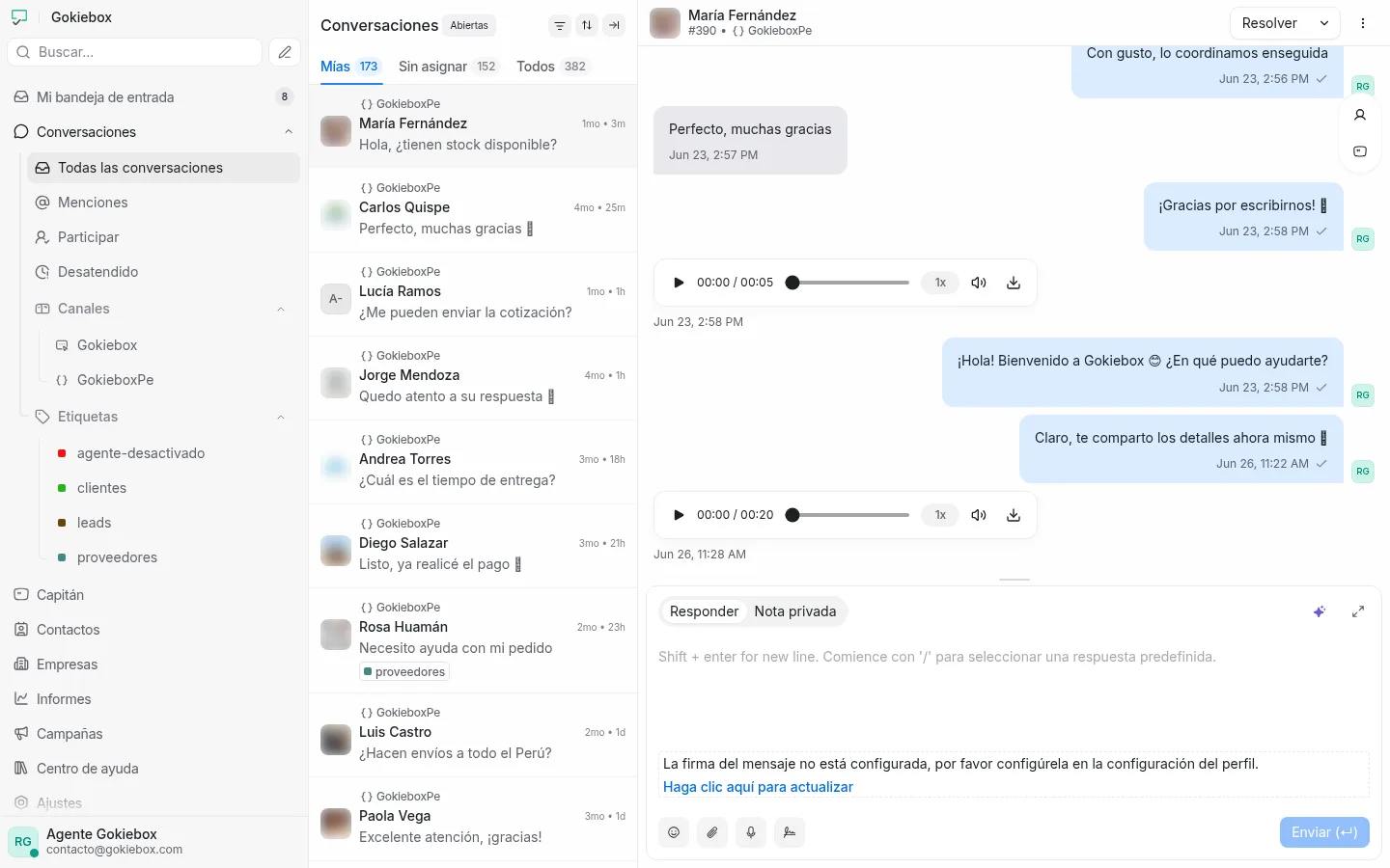 Bandeja unificada de Agent con todas las conversaciones
