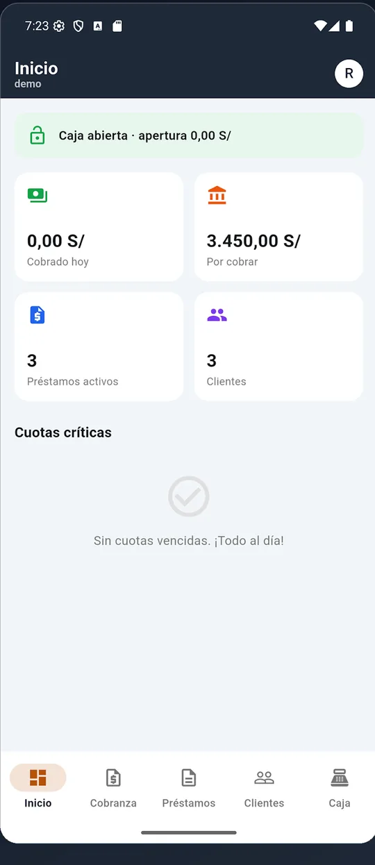 App Credibox: panel del día con caja, cobrado y por cobrar