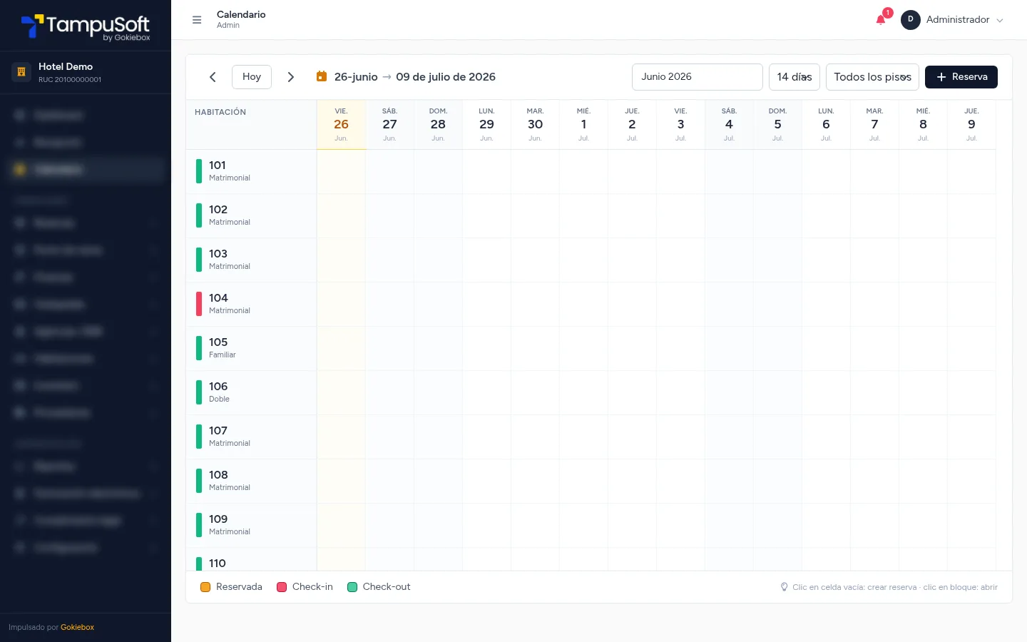 Calendario de reservas de TampuSoft