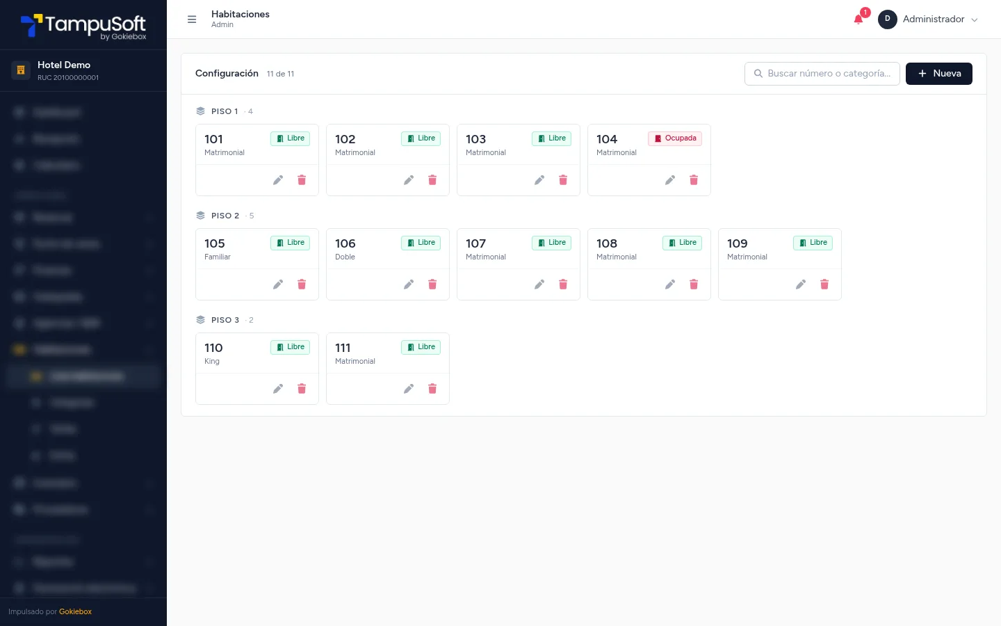Configuración de habitaciones y tarifas en TampuSoft