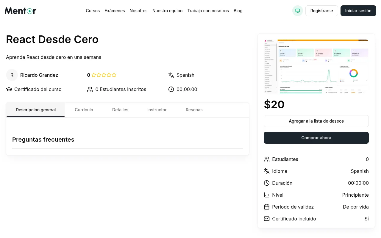 Página de detalle de un curso en TuEduApp