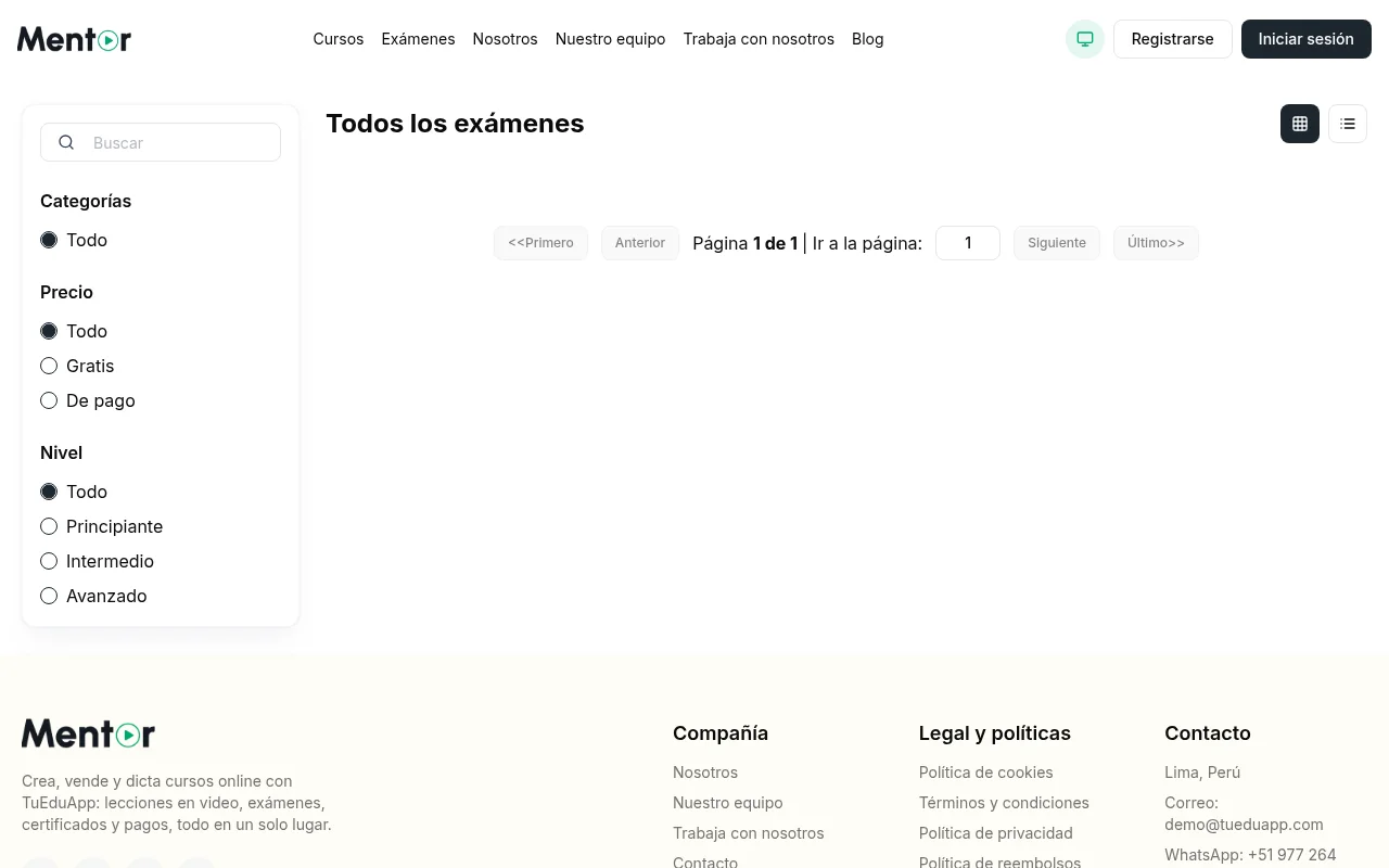 Catálogo de exámenes en línea en TuEduApp